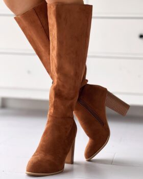 Chunky Heel Side Zip Calf Boots Style:Chic