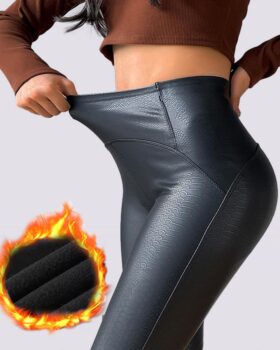 PU Leather High Waist Thermal Warm Fleece Lined Leggings Style:Basics