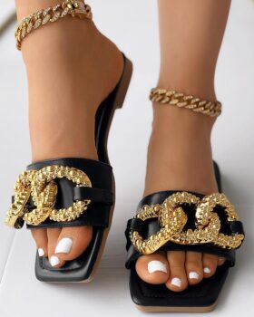Chain Decor Wide Strap Summer Slippers Style:Chic