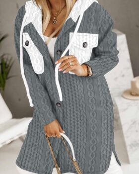 Colorblock Cable Textured Longline Hooded Coat Style:Casual