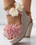 Floral Pattern Bowknot Decor Platform Wedge Sandals Style:Casual