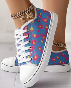 Sneakers Leopard Print Raw Hem Lace-up Canvas Sneakers