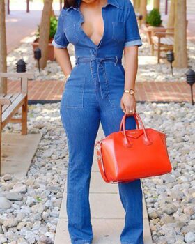 Sexy Tied Waist Pocket Denim Jumpsuits Material:Denim