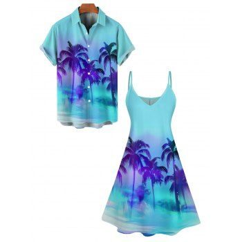 Female LIGHT GREEN Couple Matching Outfits ON SALE Omber Palm Tree Print Hawaii Vacation Spaghetti Strap V Neck Mini Dress And Short Sleeve Shirt Matching Outfit