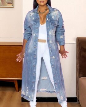 Ripped Raw Hem Button Front Longline Denim Coat Style:Chic