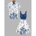 Female DEEP BLUE Couple Matching Outfits ON SALE Vacation Flower Print Contrast Color Lace Up O Ring Mini Dress And Short Sleeve Shirt Outfit