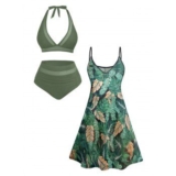 Save Big on Allover Tropical Leaf Print Vacation Mini Dress And Sheer Mesh Panel Halter Two Piece Swimsuit Outfit – The Best Daily Set Deal Available