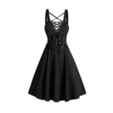 Save Big on Gothic Dress Lace Up Buckle Strap Crisscross Plunging Neck High Waisted A Line Mini Dress – The Best Dresses Deal Available