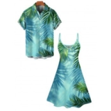 Unbeatable Couple Matching Outfits Deals: Hawaii Vacation Tropical Palm Leaf Print V Neck Spaghetti Strap Dress And Short Sleeve Shirt Matching Outfit  at a Discounted Price